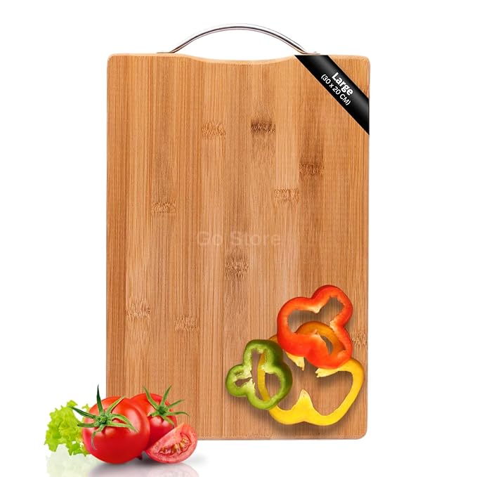 go store large non slip wooden bamboo cutting board with antibacterial surface with stainless steel handle, chopping board for kitchen, cutting board for kitchen (wood)
