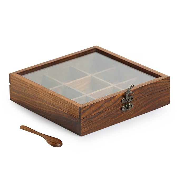 exclusivelane sheesham wooden spice box with spoon (non removable partitions, 50 ml, brown) |spice box wooden namak dani for kitchen wood masala box for kitchen wooden masala dabba dani container