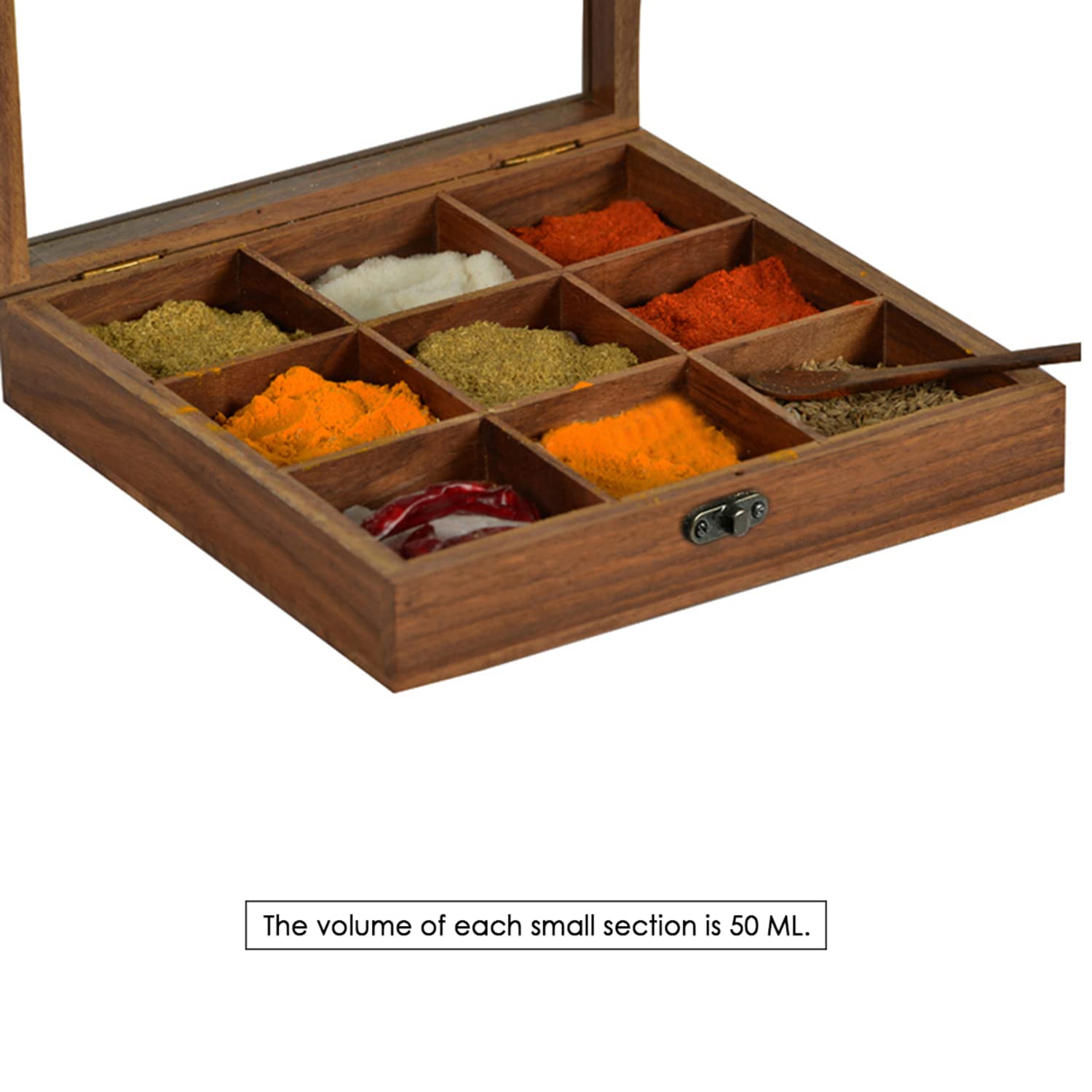 exclusivelane sheesham wooden spice box with spoon (non removable partitions, 50 ml, brown) |spice box wooden namak dani for kitchen wood masala box for kitchen wooden masala dabba dani container