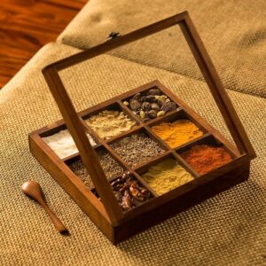exclusivelane sheesham wooden spice box with spoon (non removable partitions, 50 ml, brown) |spice box wooden namak dani for kitchen wood masala box for kitchen wooden masala dabba dani container