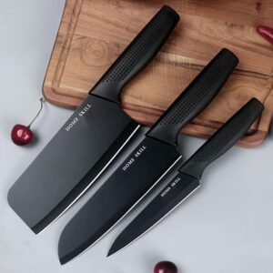 home skill®kitchen knife set stainless steel 3 pieces professional meat knife chef knife with non slip ergonomic handle sharp manual sharpening for home kitchen high carbon knife set (black)